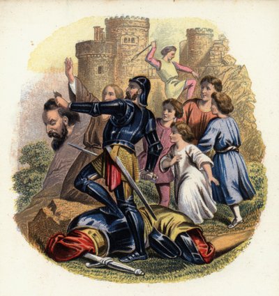 Christiana und die Pilger beobachten, wie Greatheart den Riesen Verzweiflung erschlägt, eine Illustration aus John Bunyans Der Pilgerweg von English School
