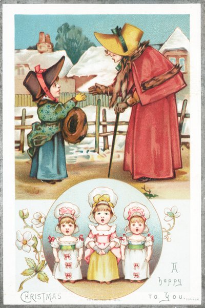 Weihnachtsgrüße und Mädchen singen, Weihnachtskarte von English School
