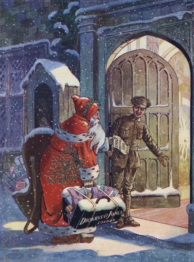 Weihnachtswerbung zeigt den Weihnachtsmann, der Geschenke für Soldaten des Ersten Weltkriegs von Dickins und Jones Kaufhaus bringt von English School