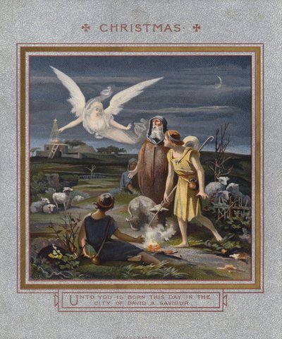 Weihnachtskarte: Hirten werden bei Nacht auf die Geburt Jesu aufmerksam gemacht, während sie ihre Herden hüten von English School