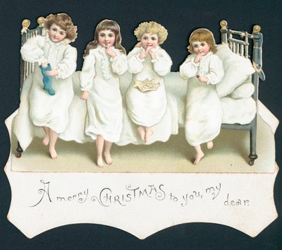Weihnachtskarte, Kinder im Bett mit ihren Strümpfen von English School