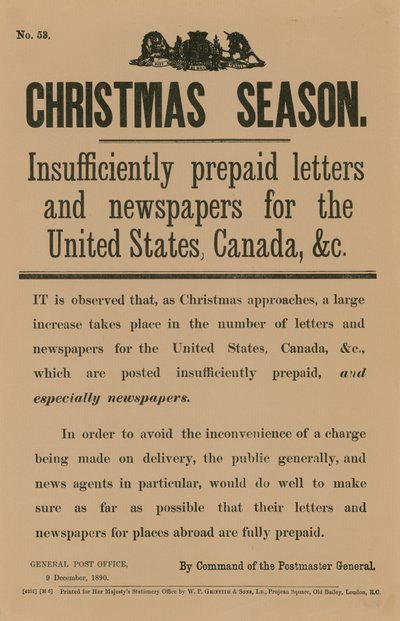 Weihnachtspost-Benachrichtigung im Auftrag des Postmeisters, 9. Dezember 1890 von English School