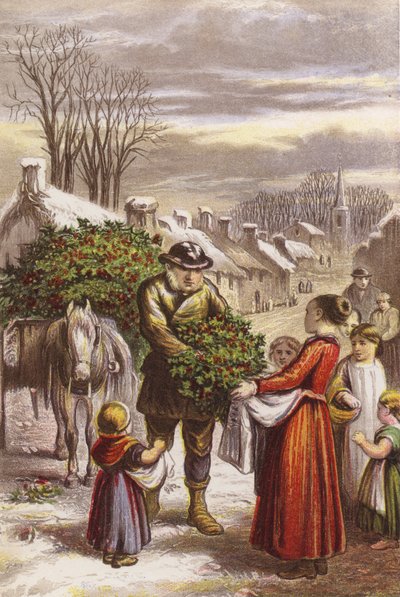 Weihnachtszeit - Verkauf von Stechpalmen in einem schneebedeckten Dorf (farbiger Stich) von English School
