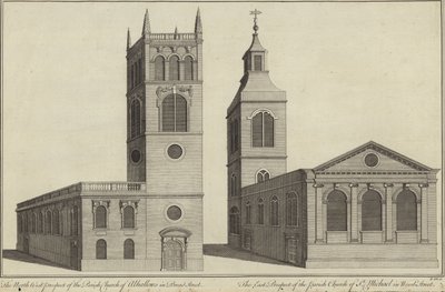 Kirche Allhallows in Bread Street und Kirche St. Michael in Wood Street, London von English School