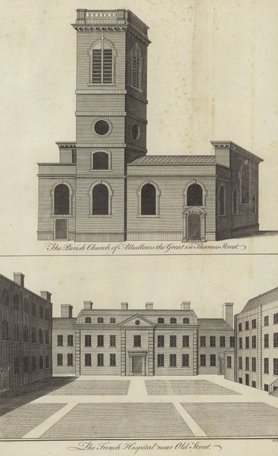 Kirche Allhallows the Great, Thames Street und das Französische Hospital nahe Old Street, London von English School
