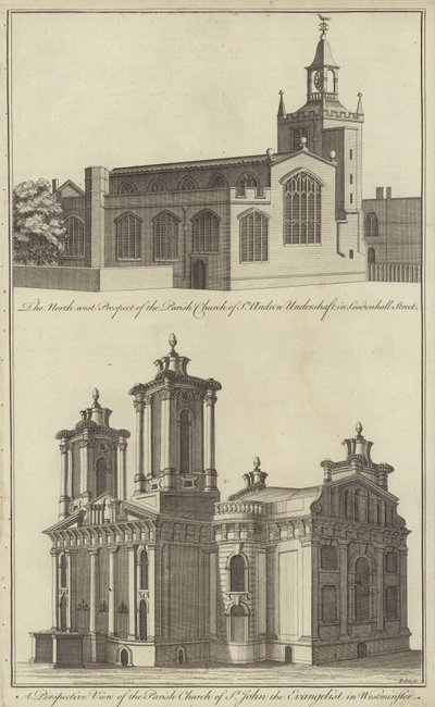 Kirche St Andrew Undershaft in Leadenhall Street und Kirche St John the Evangelist in Westminster, London von English School
