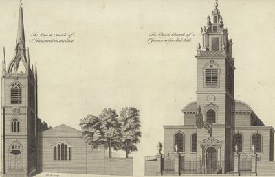 Kirche St. Dunstan in the East und Kirche St. James Garlickhythe, London von English School