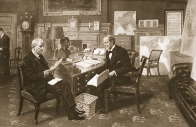 Churchill und Fisher bei der Arbeit: der Erste Lord in seinem Zimmer im Admiralität mit dem Ersten Seelord, aus The Illustrated War News, 1915 von English School