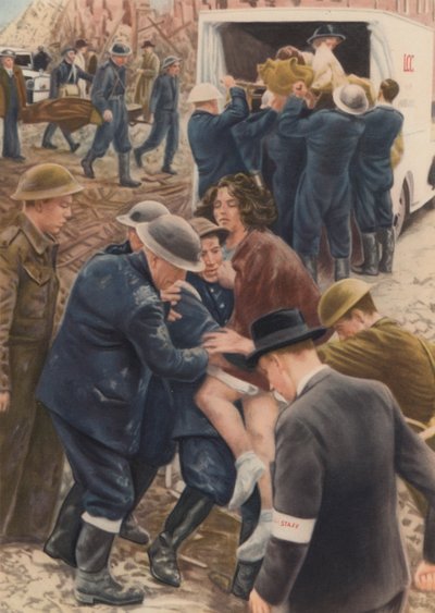 Zivilschutz-Rettungstrupps bergen Opfer eines Luftangriffs aus den Trümmern ihrer Häuser während des Blitzes, Zweiter Weltkrieg von English School
