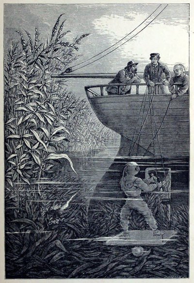 Reinigung der Schraube, aus Unter den Wellen oder Tauchen in tiefen Gewässern, veröffentlicht 1887 von English School