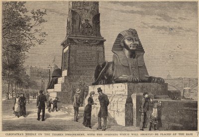 Nadel der Kleopatra am Thames Embankment mit den Sphinxen, die bald an der Basis platziert werden von English School