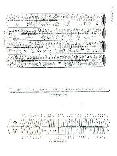 Clog Almanach, Exchequer Tally und sächsischer Reive-Pfahl von English School