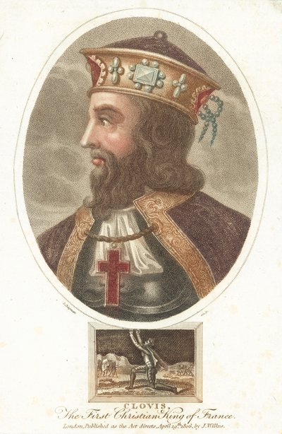 Chlodwig I., erster christlicher König der Franken (farbiger Stich) von English School