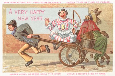Clown und Esel werden im Wagen gezogen, Neujahrskarte von English School