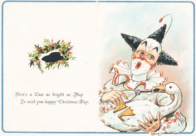 Clown füttert Gans mit der Flasche, Weihnachtskarte von English School
