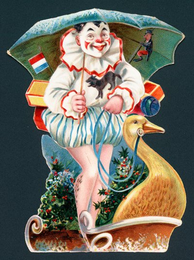 Clown hält Regenschirm auf Gänseschlitten, Weihnachtskarte von English School