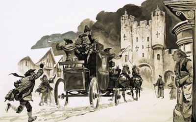 Kutsche fährt in eine Stadt ein von English School