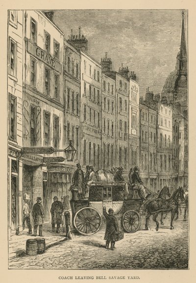 Kutsche verlässt Bell Savage Yard, London von English School