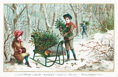 Stechpalme sammeln im Wald, Weihnachtskarte von English School