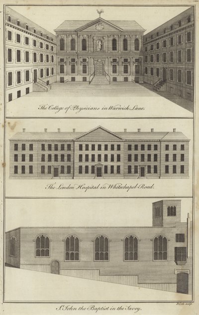 College of Physicians in Warwick Lane, das London Hospital in Whitechapel Road und die Kirche St John the Baptist im Savoy, London von English School
