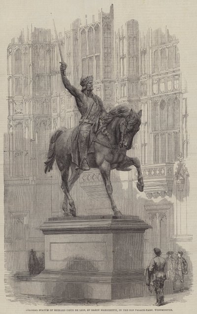 Kolossale Statue von Richard Löwenherz, von Baron Marochetti, im Alten Palasthof, Westminster (Stich) von English School
