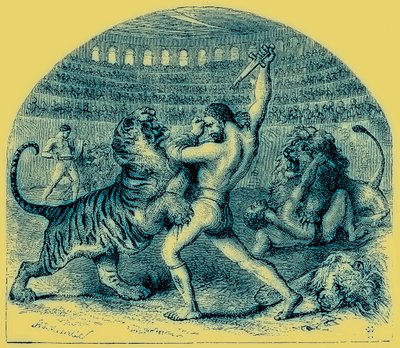 Kampf der Gladiatoren mit wilden Tieren, Illustration aus Die illustrierte Geschichte der Welt, veröffentlicht um 1880 (digital verbessert) von English School