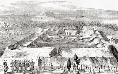Konföderierte Befestigungen nördlich des Manassas Junction, aus Ward und Locks Illustrierter Weltgeschichte, veröffentlicht ca. 1882 von English School