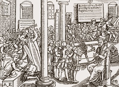 Zeitgenössischer Holzschnitt einer Tudor-Grundschule von English School
