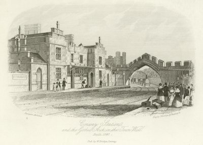 Conwy Station und der gotische Bogen in der Stadtmauer, erbaut 1847 von English School