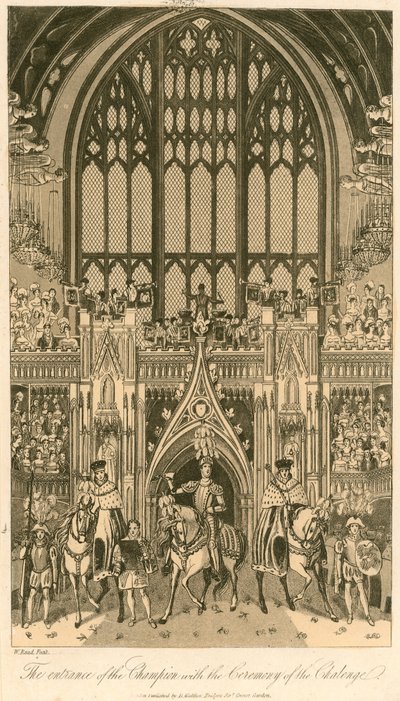 Krönungsbankett von König Georg IV. in der Westminster Hall, 17. Juli 1821; Der Eintritt des Champions mit der Zeremonie der Herausforderung von English School