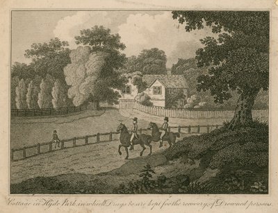 Hütte im Hyde Park, in der Drogen usw. zur Wiederbelebung von Ertrunkenen aufbewahrt werden von English School
