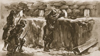 Fenstervorhänge als Schießschartenabdeckungen: Ein französischer Trick, um den Feindschützen zu täuschen, aus The Illustrated War News, 1915 von English School