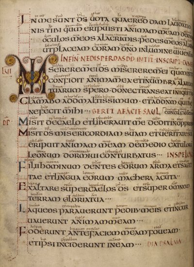 Psalm 56 mit altenglischem Glossar und dekoriertem Initial MI von English School