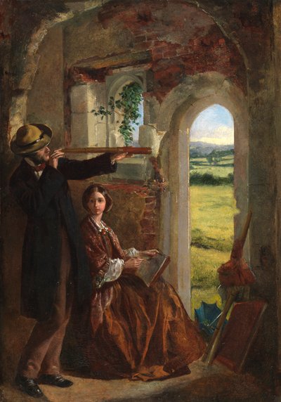 Paar beobachtet eine Landschaft (Öl auf Karton auf Platte) von English School