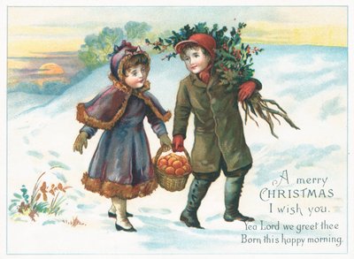 Paar trägt Korb mit Obst und Stechpalme, Weihnachtskarte von English School
