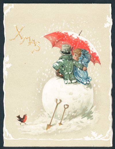 Paar sitzt auf riesigem Schneeball, Weihnachtskarte von English School