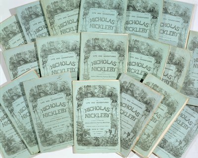 Umschläge der monatlichen Ausgaben von The Life and Adventures of Nicholas Nickleby von Charles Dickens, veröffentlicht 1839 von English School