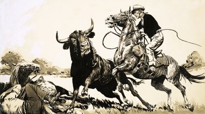 Cowboys im australischen Outback versuchen, einen Stier zu fangen von English School