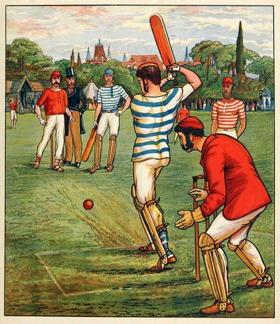 Cricket, aus Britische Sportarten und Spiele, veröffentlicht ca. 1880 von English School
