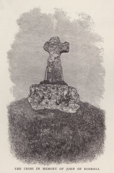 Kreuz zum Gedenken an König Johann von Böhmen, der in der französischen Armee in der Schlacht von Crecy, Hundertjähriger Krieg, getötet wurde von English School
