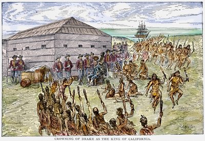 Krönung von Drake als König von Kalifornien (Gravur) von English School