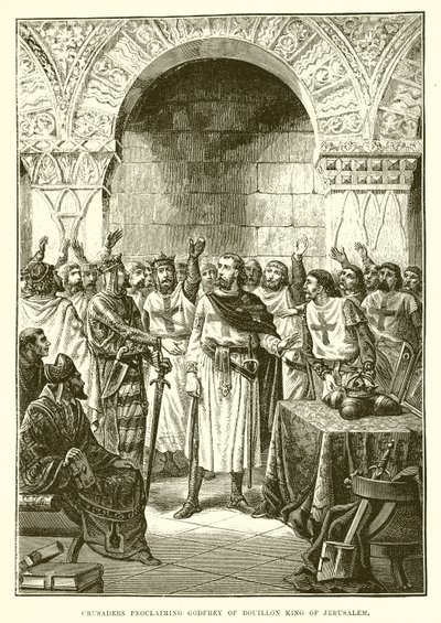 Kreuzfahrer proklamieren Gottfried von Bouillon zum König von Jerusalem von English School