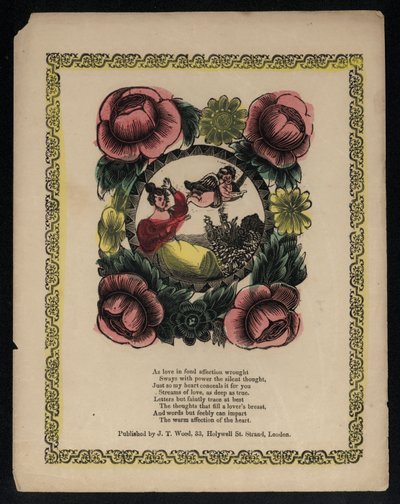 Amor und Frau in einem von Blumen umgebenen Garten, Liebesgedicht von English School