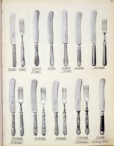 Besteckdesigns, aus einem Handelskatolog für Haushaltswaren und Einrichtungsgegenstände, ca. 1890-1910 von English School