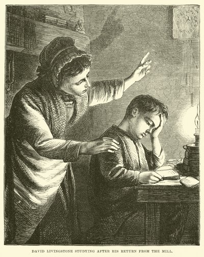 David Livingstone beim Studium nach seiner Rückkehr aus der Mühle von English School