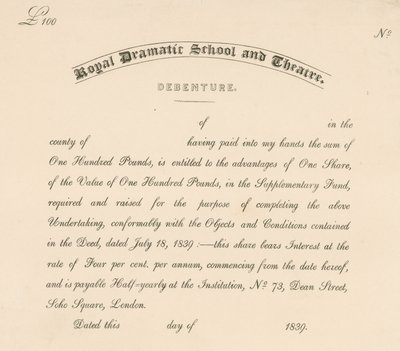 Schuldverschreibung für die Royal Dramatic School und das Theater, 73 Dean Street, Soho Square, London von English School
