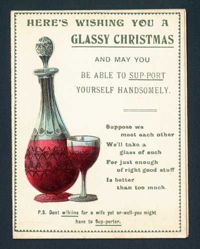 Dekanter und Glas Rotwein, Weihnachtskarte von English School