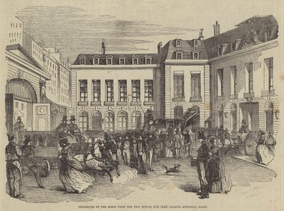 Abfahrt der Post vom Postamt, Rue Jean Jacques Rousseau, Paris (Gravur) von English School