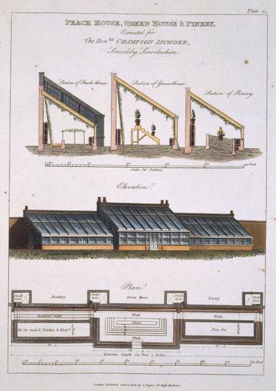 Entwurf für Pfirsichhaus, Gewächshaus und Ananashaus, 1806 von English School