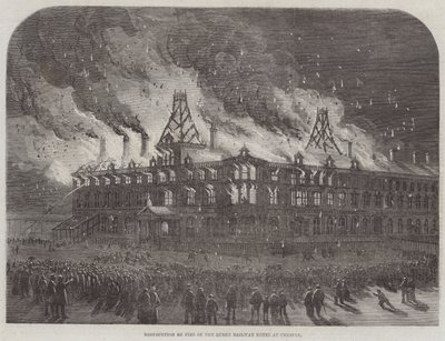 Zerstörung durch Feuer im Queen Railway Hotel in Chester (Stich) von English School